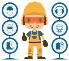 A cartoon figure of a man with safety gear on, smiling and giving the thumbs up. Safety gear includes hard hat, eye and ear protection, gloves, respirator, and safety boots. 